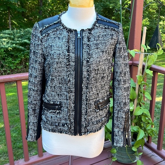 REBECCA TAYLOR Size 6 black cotton  blend jacket with leather trim - Picture 1 of 10